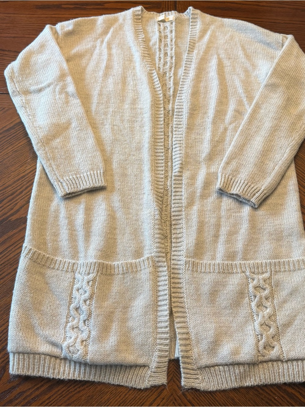 Elodie Light Gray Wool Blend Open Front Mid Thigh Cardigan Large Braided Accents